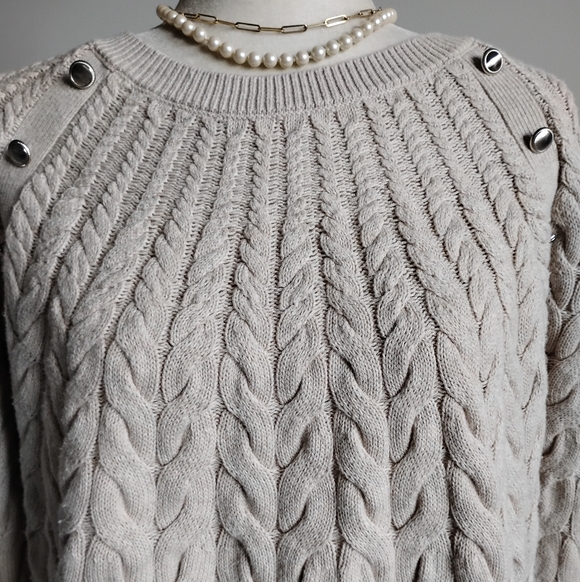 Talbots Cotton Wool Blend Cable Knit Sweater Natural Tan Silver Buttons - Picture 4 of 15